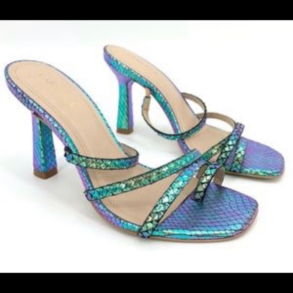 Iridescent Teal-Purple Strappy High-Heel Sandals